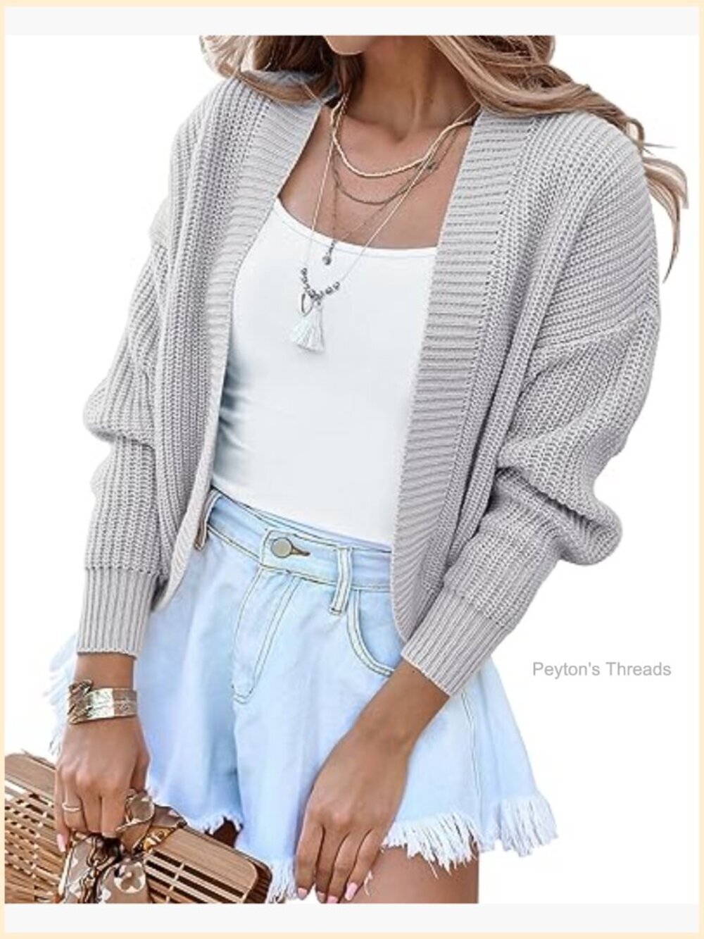 Acrylic Cropped Cardigan Sweater Long Sleeve Open Front Drop Shoulder - Picture 2 of 5